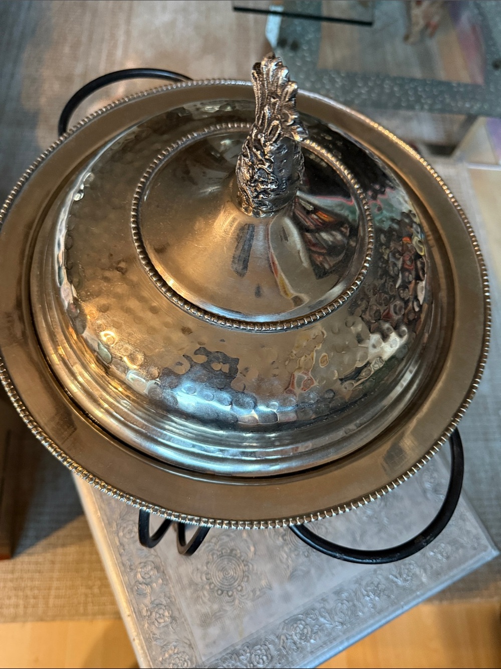 Elegant Hammered Silver Buffet Server / Chafing Dish with Stand